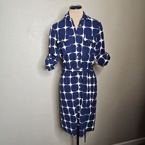 Elizabeth McKay Navy White Geometric Ponte knit Shirt Dress Gold Buttons Size 4